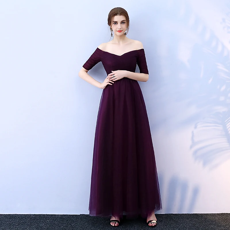 Beauty-Emily Long Burgundy Cheap Bridesmaid Dresses 2021 A-Line Off the Shoulder Half Sleeve Vestido da dama de honra