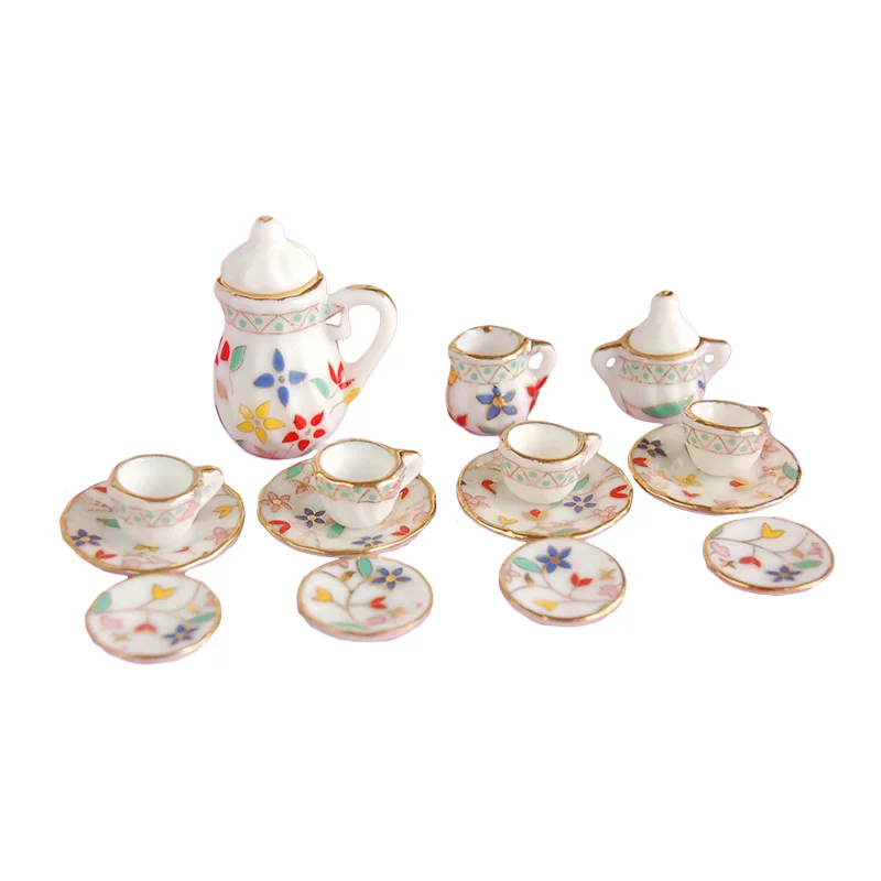 1/12 Dollhouse Miniature Porcelain Tea Set With Colorful Flower For Doll House Accessries 15PCS