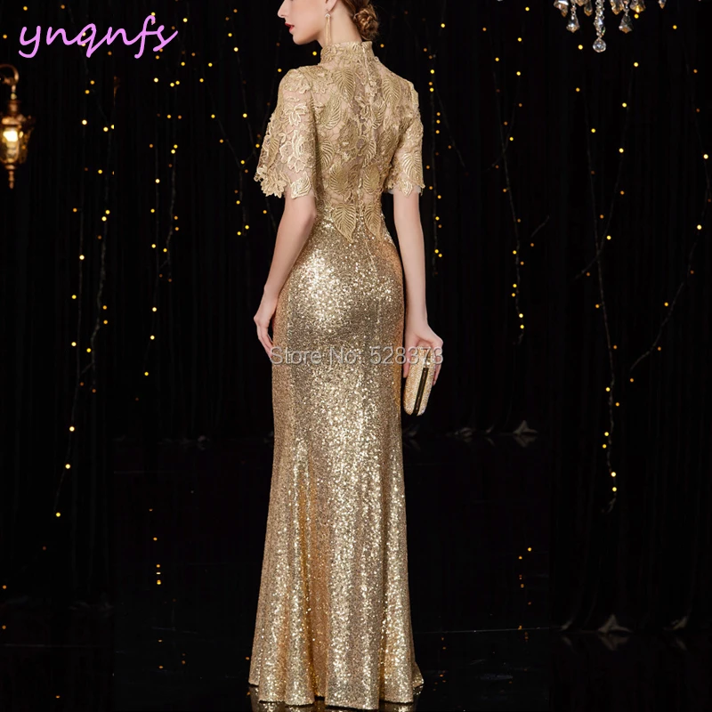 YNQNFS Robe Soiree Evening Party Illusion High Neck Flare Sleeve Gold Sequins Mother of Bride/Groom Dresses Elegant 2019 MD284