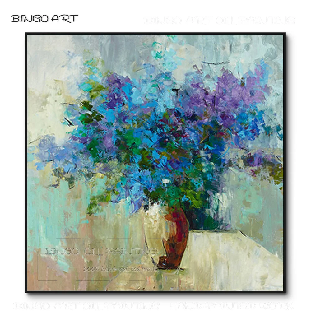 Beautiful Wall Art Hand-painted Vase Flower Oil Painting on Canvas Beautiful Abstract Vase Flower Picture Blue Flower Painting