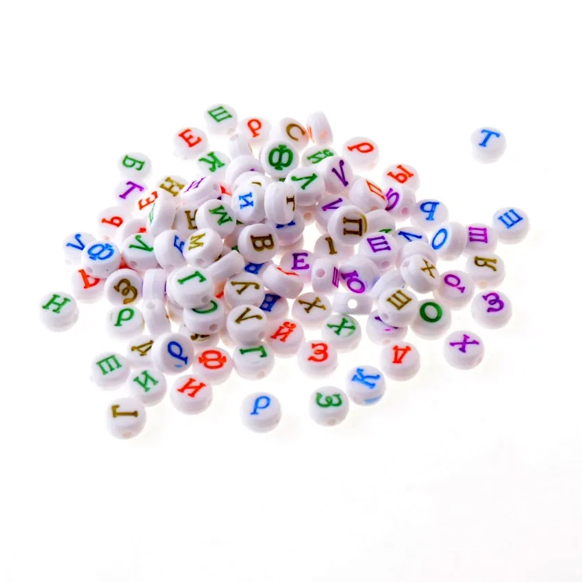 Hot 200pcs 7x4mm Russian Alphabet Letter Charm Round Acrylic Spacer Beads Wooden Beads For Baby Smooth Jewelry Making DIY