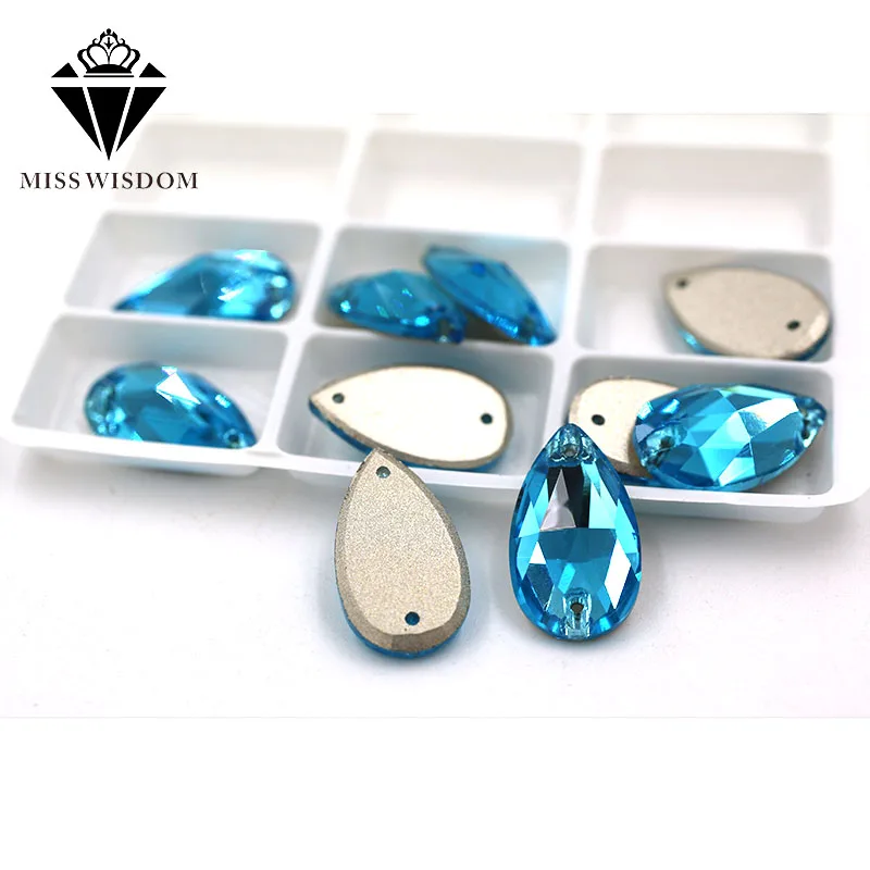 High quality Flatback glass crystal double hole sew on rhinestones Teardrop shape Lake Blue rhinestones diy clothing accessories