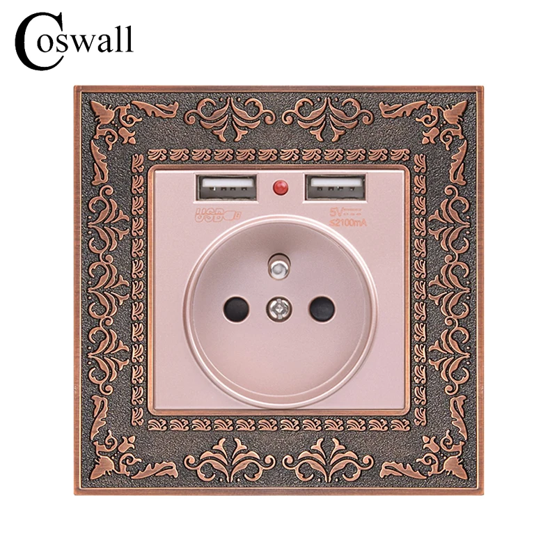 Coswall Zinc Alloy High-end Retro 16A Gold French Polish Power Wall Socket With Dual USB 2.1A Charging Port Embossed Panel