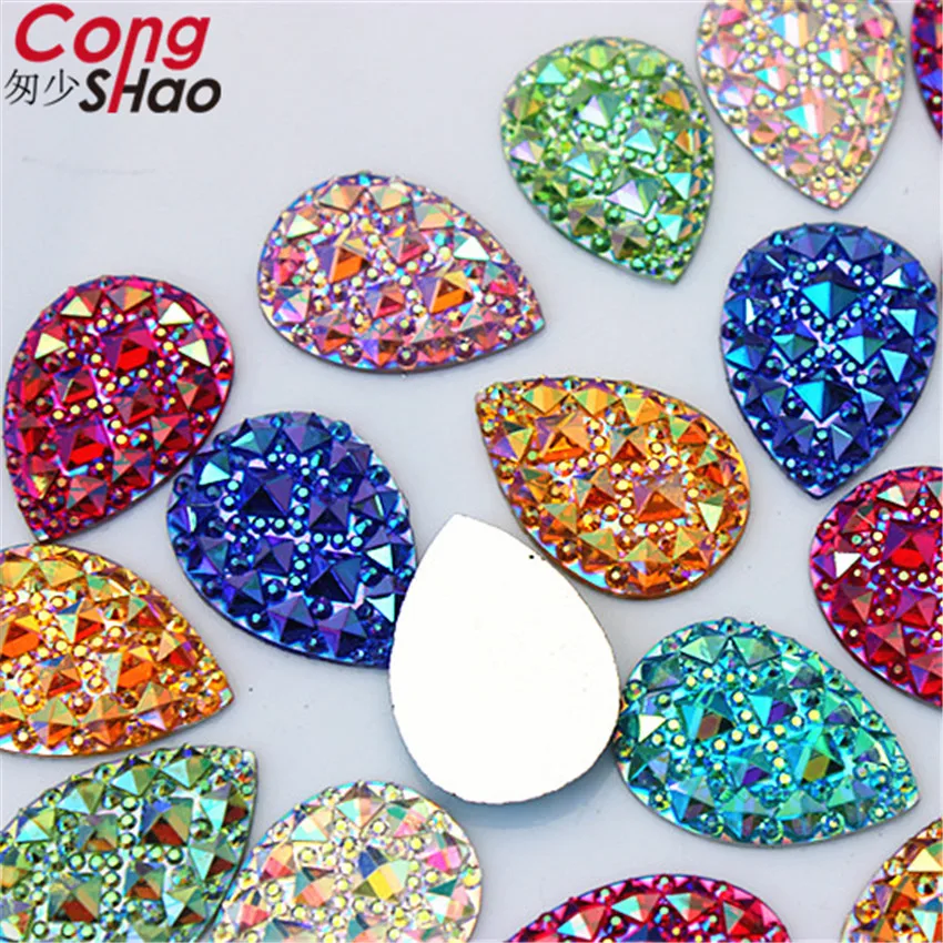 Cong Shao 80pcs 18*25mm AB Color Pear Shape Flatback Resin Rhinestone Stones Crystal For Clothes Craft Button Decoration CS652