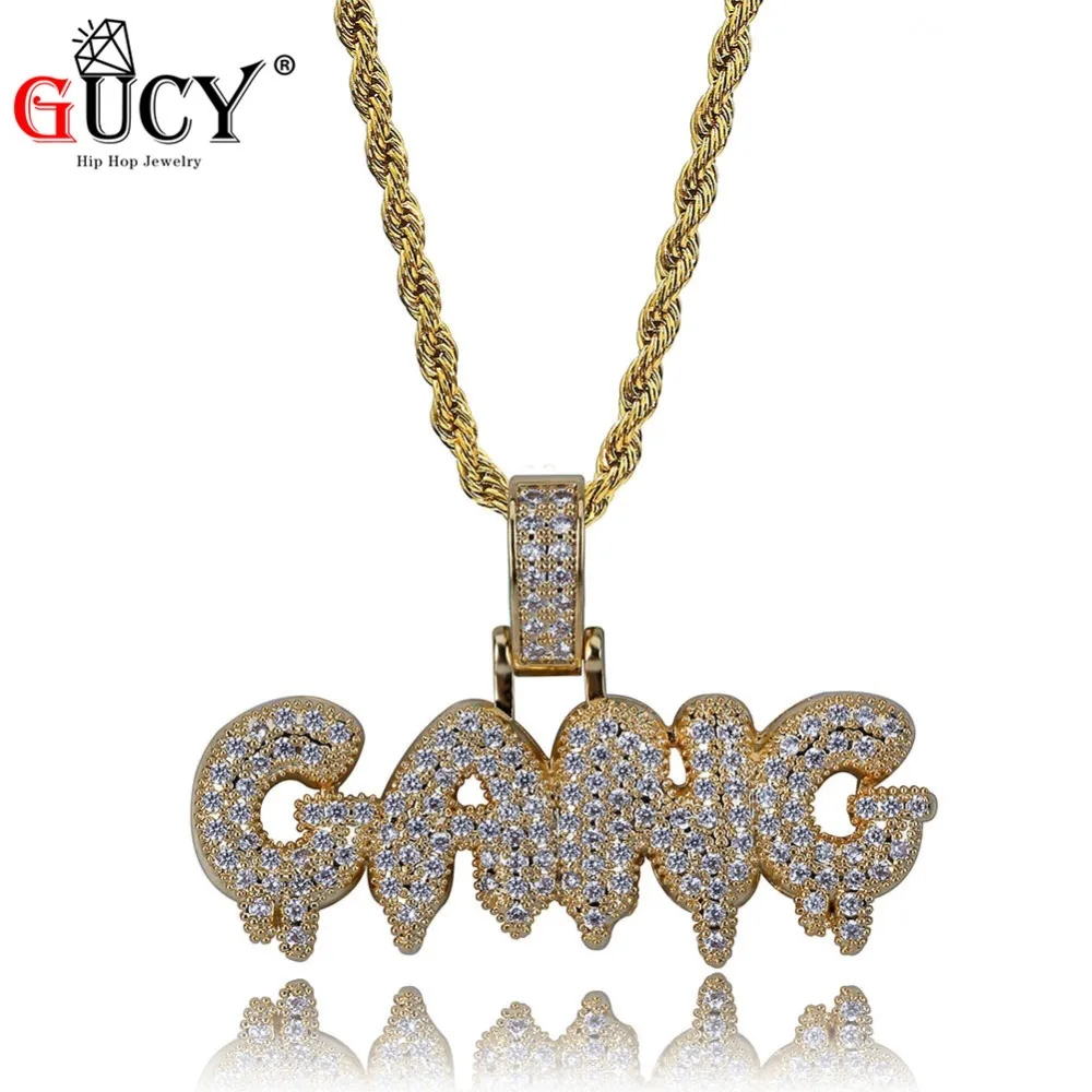 GUCY GANG Letter Pendant Necklace All Iced Out Micro Paved CZ Stones Hip Hop  Men's Necklace Gift Party