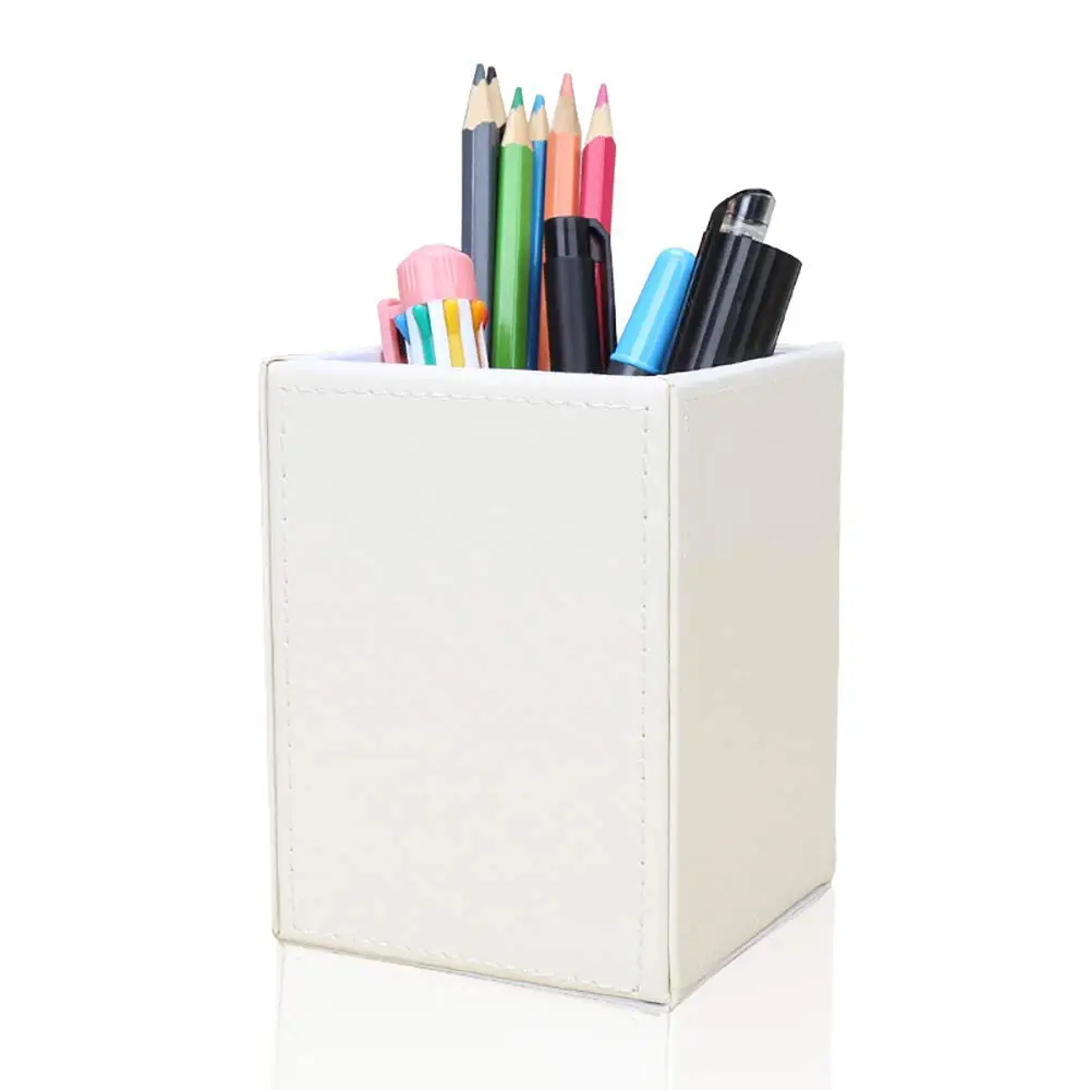 XRHYY Multi Colors PU Leather Square Pens Pencils Holder Cup Desktop Stationery Organizer Case Office Accessories Container Box