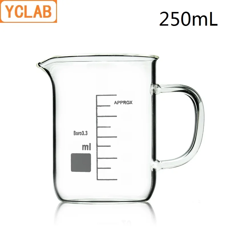 YCLAB 250mL Beaker Low Form Borosilicate 3.3 Glass with Graduation Handle Spout Measuring Cup Laboratory Chemistry Equipment