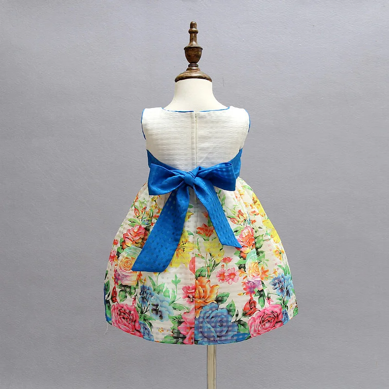 Amazing Flower Print Girl Dress Silk Bow with Pearl Formal Baby Girls Dress for Party Birthday New Year Kids Dresses 2-7T