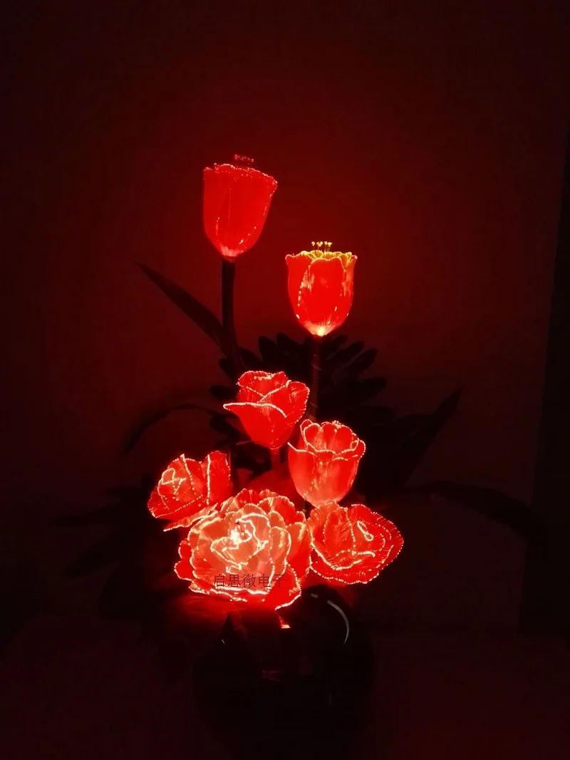 Led fiber optic lights Artificial Flowers Silk flower European Fall Vivid Peony Rose Tulips Fake Leaf Creative Led lamp