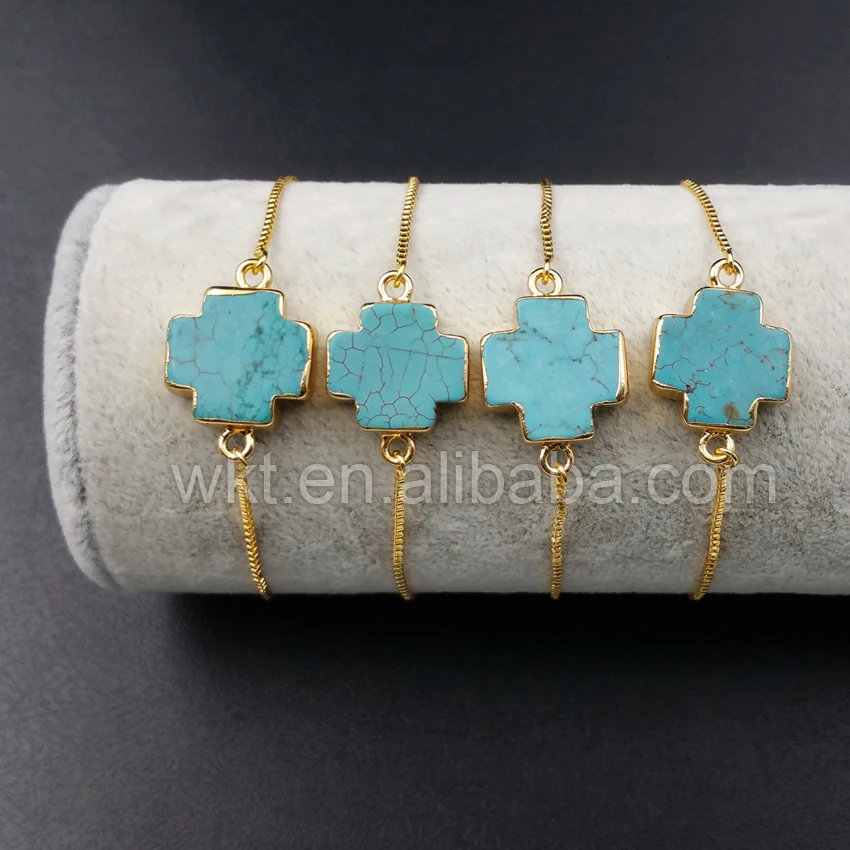 WT-B339 wholesale custom new 24K gold trim howlite Connector Bracelets  cross shape Connector Bracelets adjustable