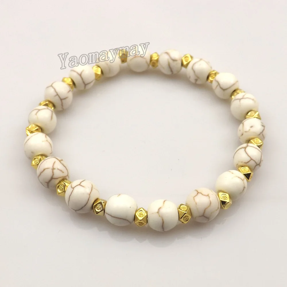 12pcs/Lot 8mm White Turquoises Stretchy Bracelets with Gold Color Spacer Beads