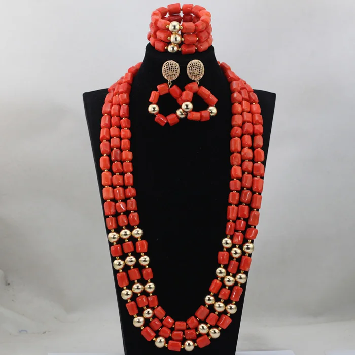 

Великолепный комплект из 3-слойного ожерелья, браслета и сережек из натуральных коралловых бусин, длина 32 дюйма, свадебные украшения ABL845