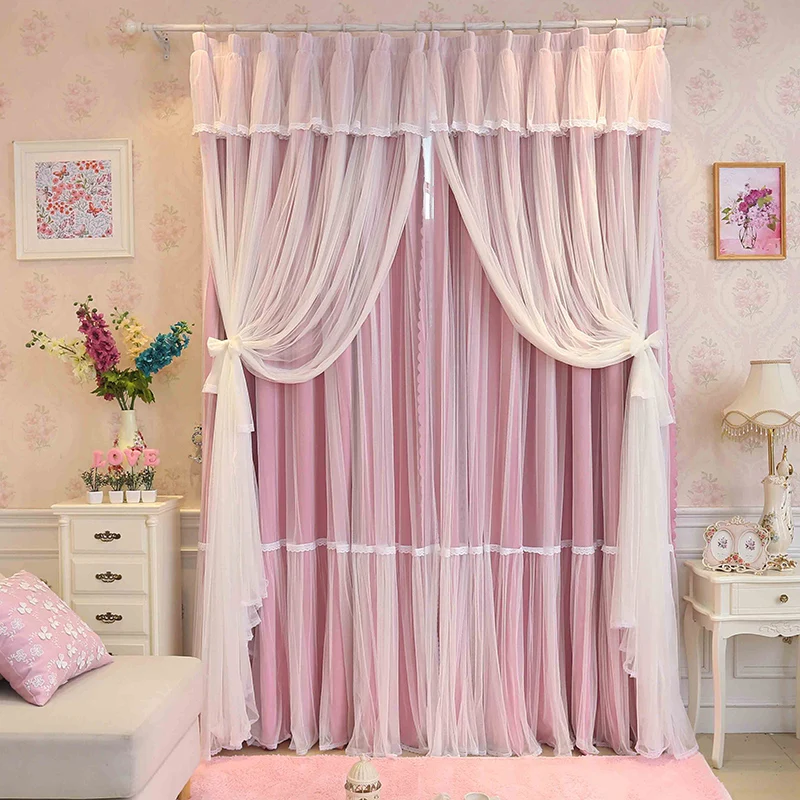 Princess Beauty 3 Layers Blackout Curtains for Girl's Bedroom Pink Lace Sheer tulle Curtains for Living Room Window Drapes