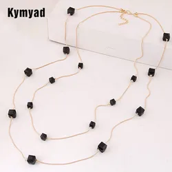 Kymyad Fashion Gold Color Double layer Long Sweater Chain Necklaces For Women Bijoux Cubic Crystal Beads Necklaces & Pendants