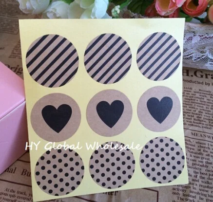 90pcs Vintage Fashion Heart+Dots+Twill  series Round Kraft paper  Sticker for Handmade Products Gift seal sticker label