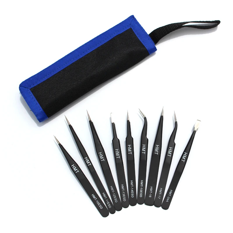 9pcs/lot ESD Safe Precision Tweezers Stainless Steel Curved Tweezer Anti-static Industrial Tweezers Repair Tools Pinzas Pinzette