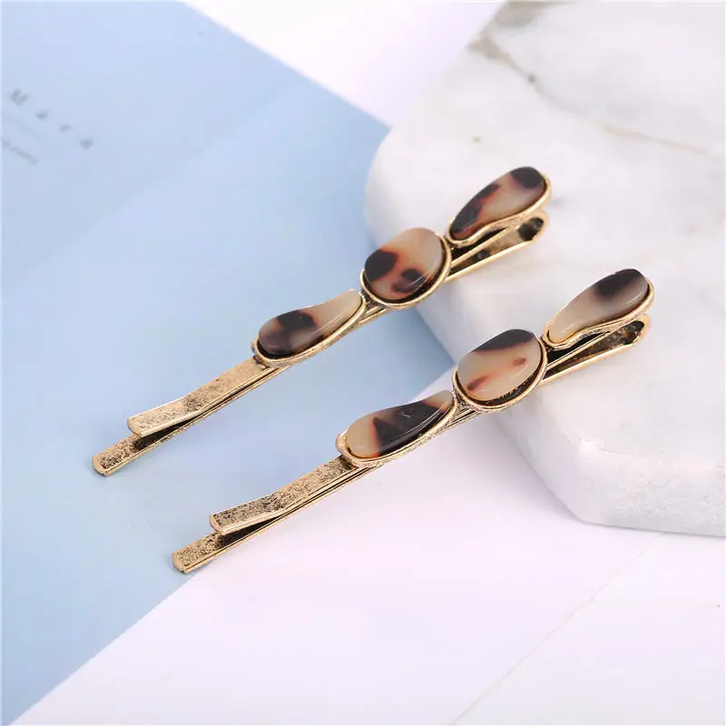 2pcs/Set Korean Fashion Women Girls Gold Metal Geometric Hair Clips Natural Stone Hairpins Vintage Barrettes Hair Accessories