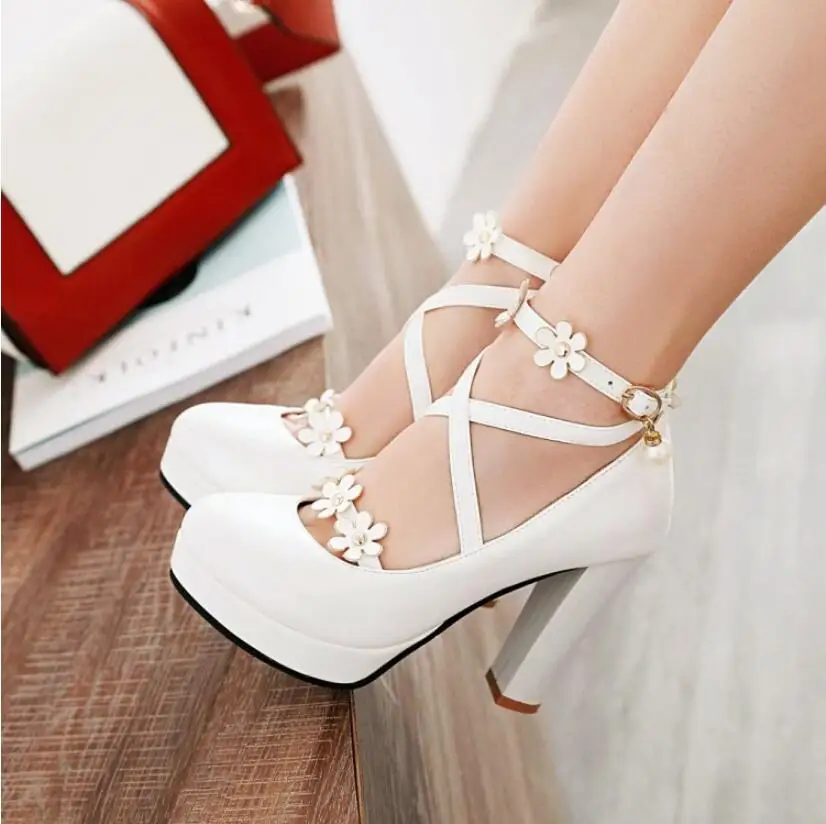 Cosplay Shoes Women Summer 2022 Female Cross Strap Flower Pearl High Heel Lolita Sweet Lolita High Heel Student Girls Shoes