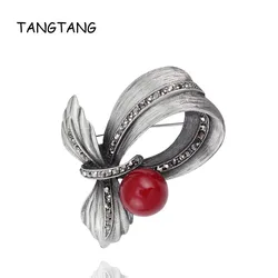 New Black Personality Charming Tin Alloy Brooch With Red Natual Stone / Gray Simulated Pearl Rhinestone Pin, Item NO.: BH7927