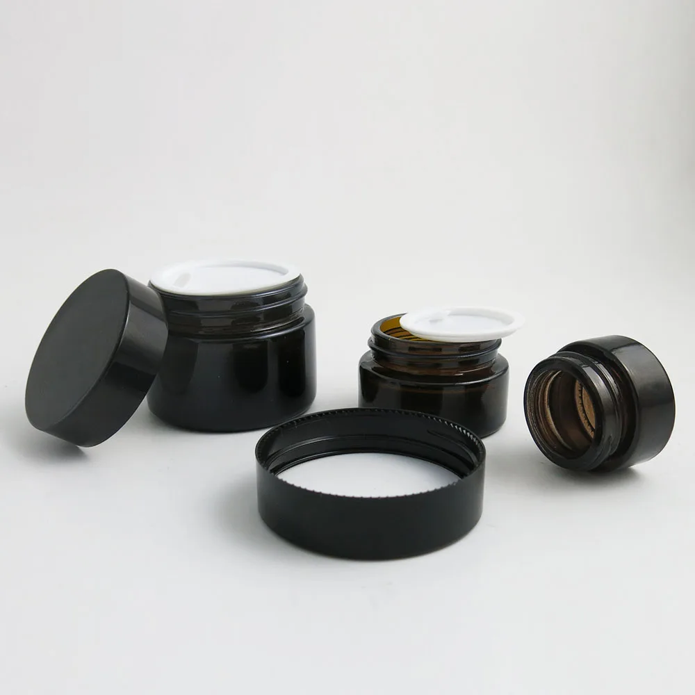 12 x 5g 10g 20g 30g 50g Empty Amber Glass Cream  Brown Glass Cosmetic Container with white Seal Black Silver Gold  Lids