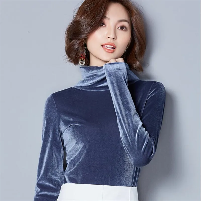 Autumn Winter Velvet T-Shirts Woman 2024 Casual Turtleneck Tops Solid Color Slimming Blouse Female Velour Shirts blusas mujer