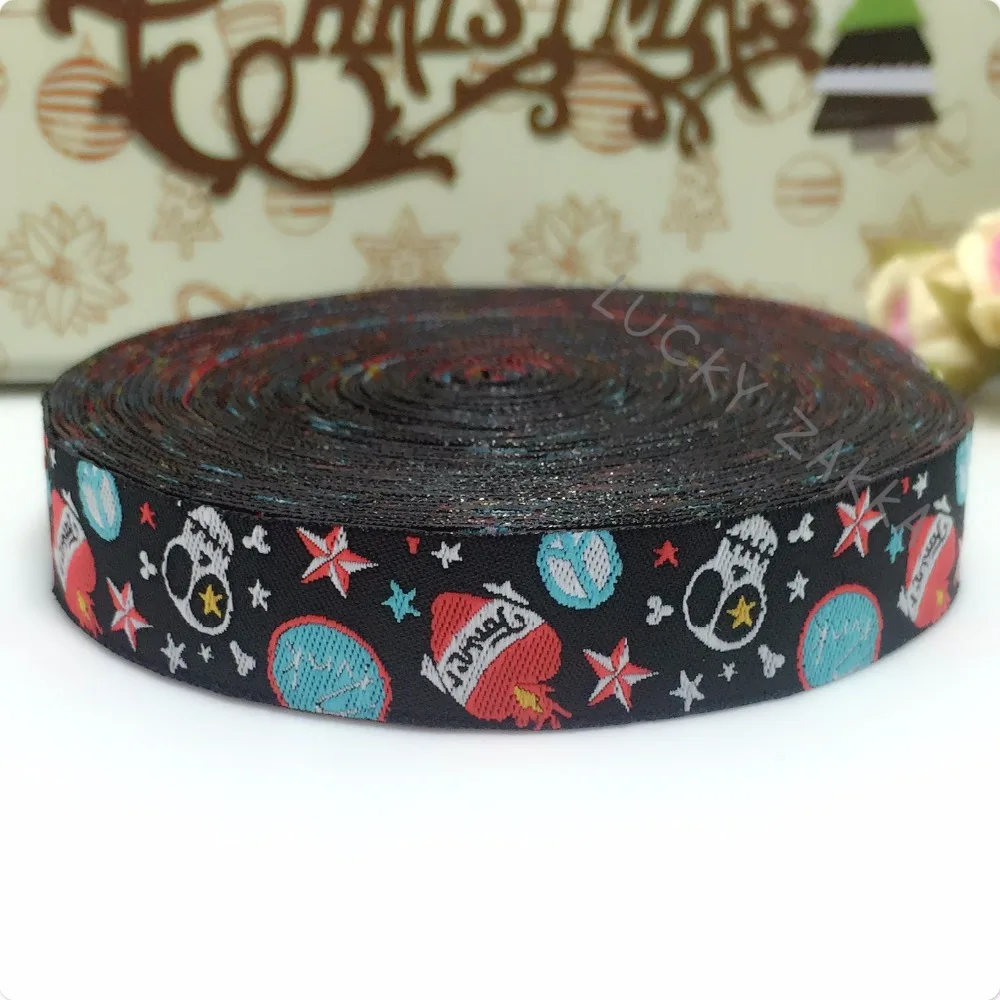 2014 NEW 5/8'' 16mm  Wide 10yard/sets Skull Tattoo Black Tone Woven Jacquard Ribbon For Dog Collar KTZD201120601