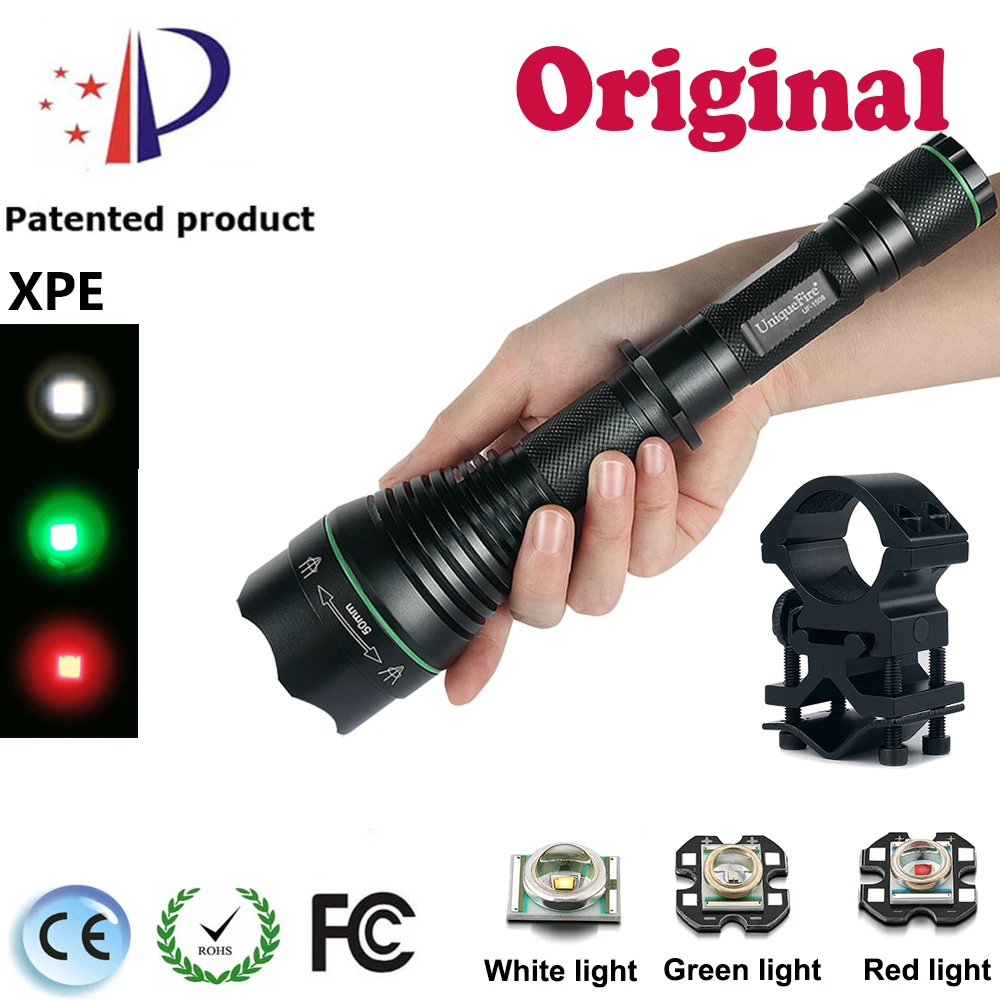 UniqueFire UF-1508 XPE Led 18650 Flashlight  Brass Pill (Green/Red/WhiteLight) Zoom 3 Modes Tactical Flashlight+Scope Mount