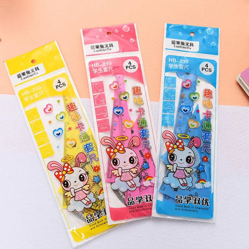 4Pcs/Set Cute Cartoon Ruler Set Children's Day Gift Office Stationery Drafting Supplies Triangle Ruler Creative Math Sets