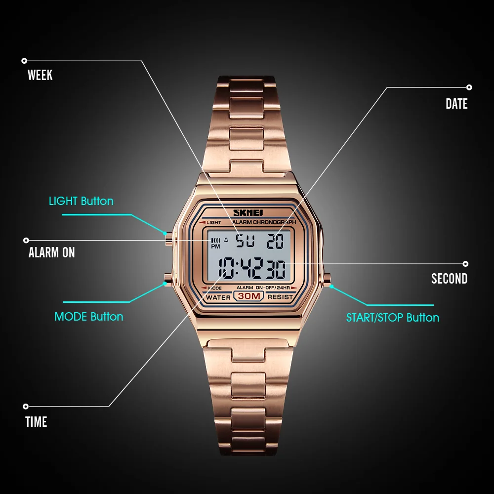 Skmei relógio digital feminino de luxo, relógio fashion casual com pulseira fina, relógio digital esportivo para mulheres 1415 à prova d'água