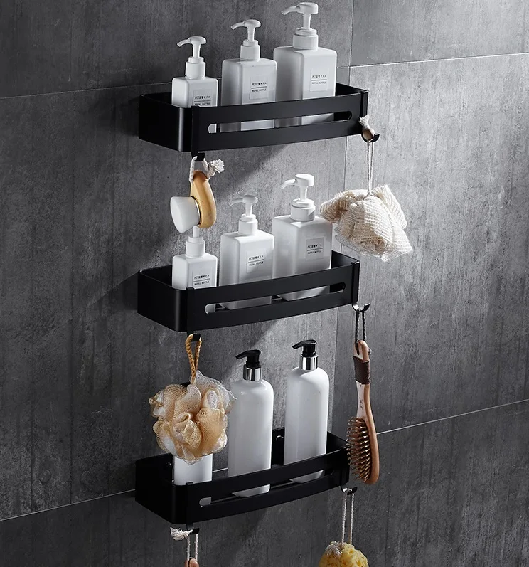 

Stainless Steel Bathroom Accessories Chrome Kitchen Organizer Holder Corner Shelf Black Wall Shower Shelf Hardware Set