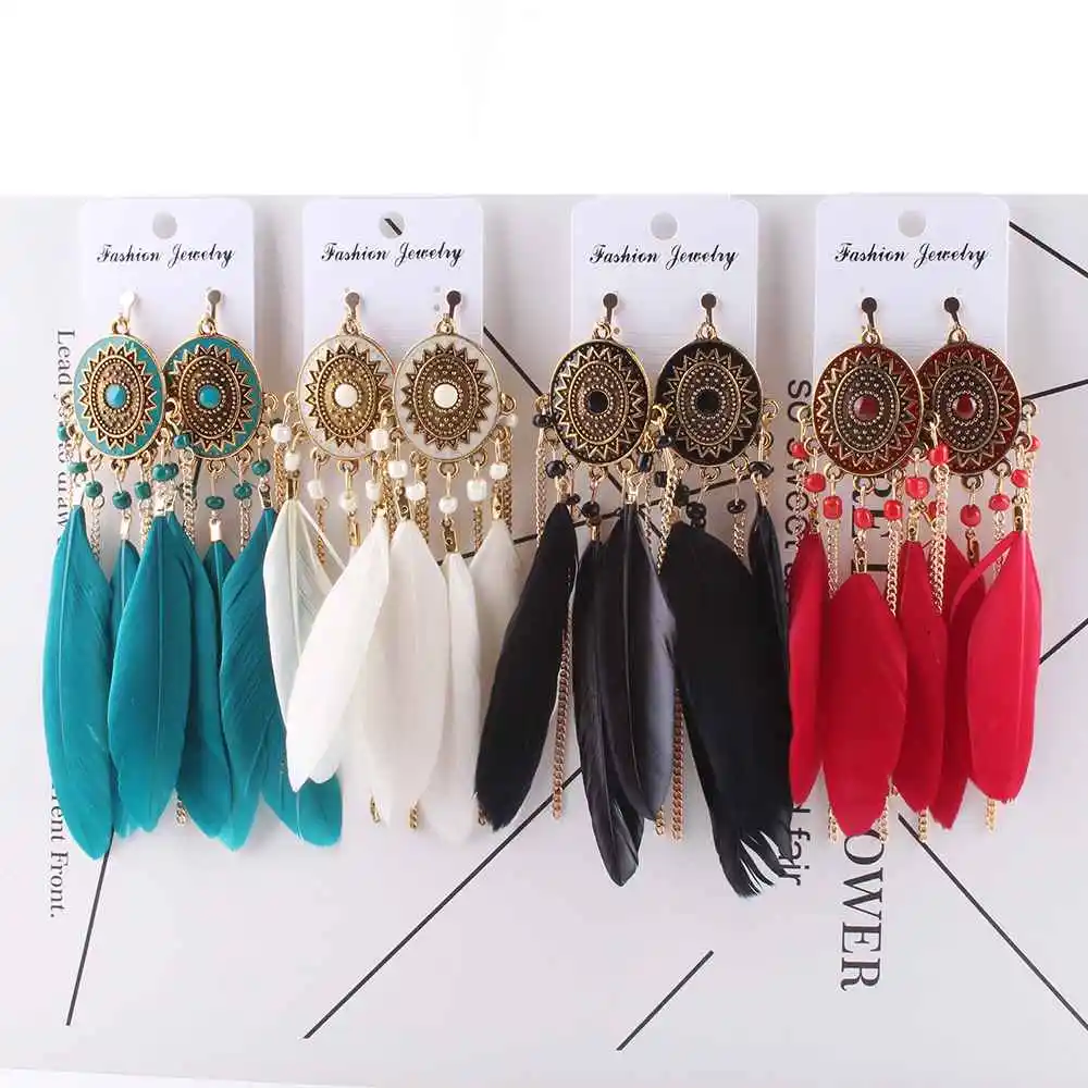 Fashion Bohemian Long Tassel Enamel Feather Clip on Earrings for Women Without Piercing Hanging Ear Clips Female Bijoux 2018