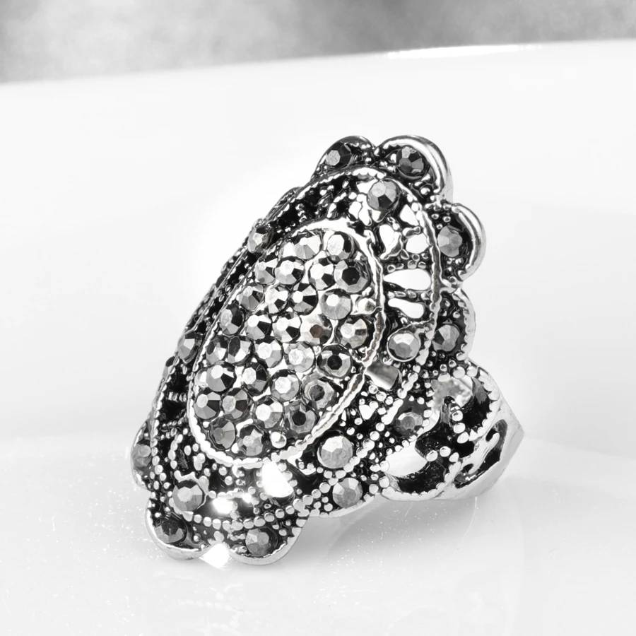 Kinel Vintage Ring Full Dark Gray Cubic Zirconia Big Rings For Women Antique Silver Color Crystal Jewelry Anel Size 7 8 9 10