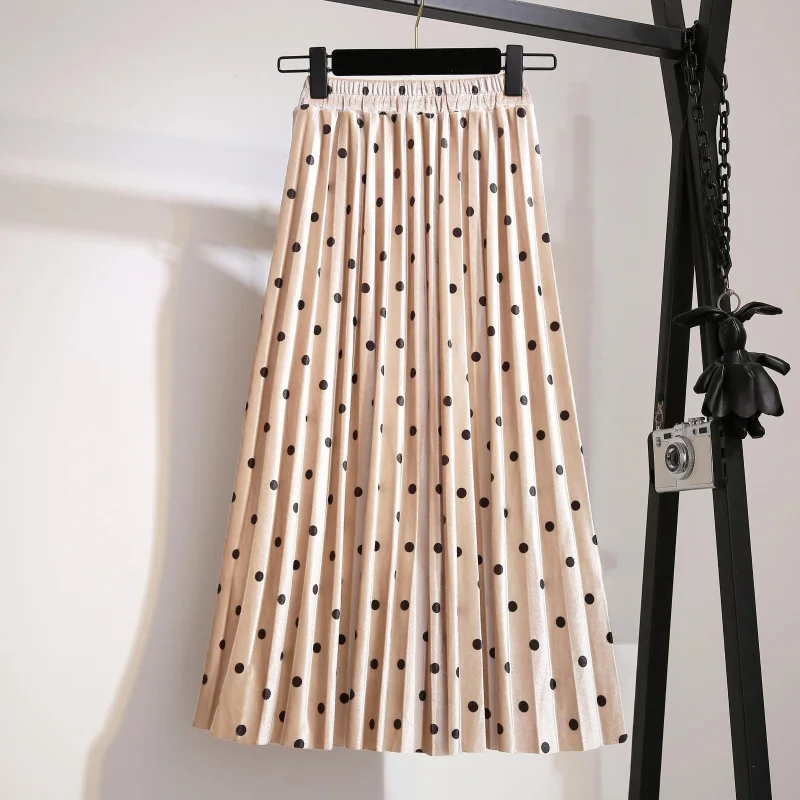 Pleated Skirts Women Spring Autumn Saia Midi High Waist Faldas Mujer Moda Plus Size Jupe Femme Vintage Velvet Dots Ladies Skirt