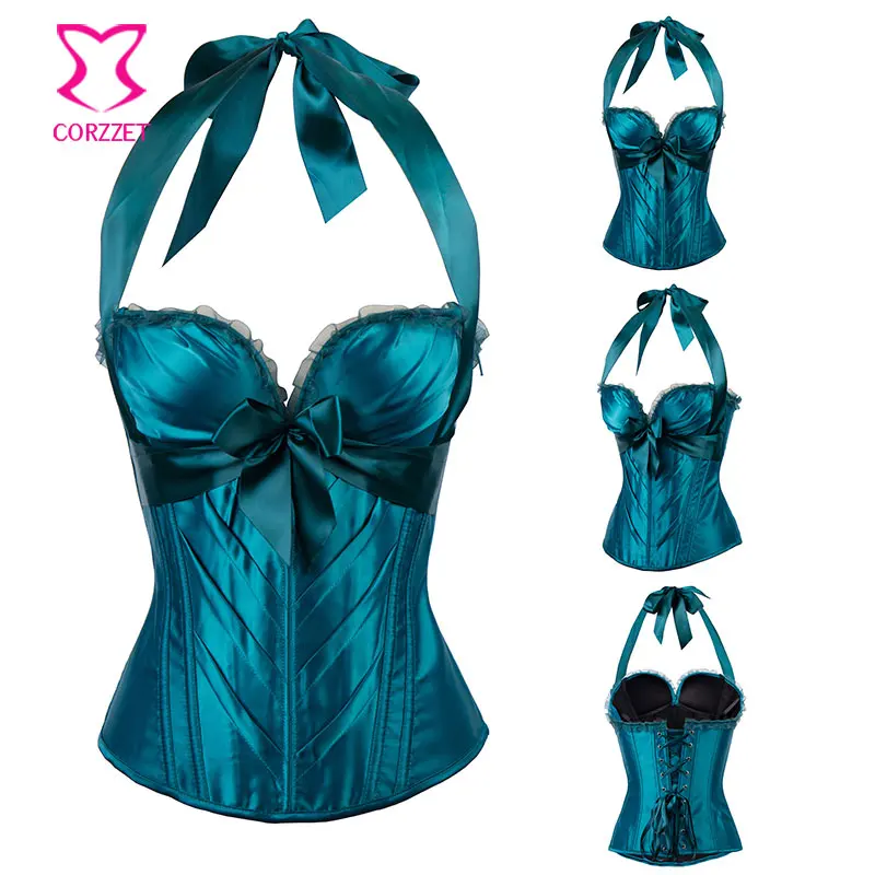 Green Satin Bows Halter Push Up Corsets And Bustiers Corpetes E Espartilhos Plus Size Corset Lingerie Sexy Korsett For Women 6XL