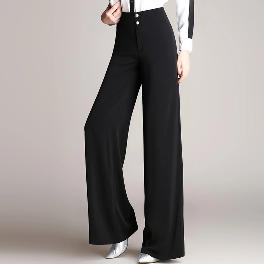 New Loose Women Wide Leg Pants Long Trousers Elegant High Waist Casual Pants Black Navy Elegant Straight Flat Office Pants