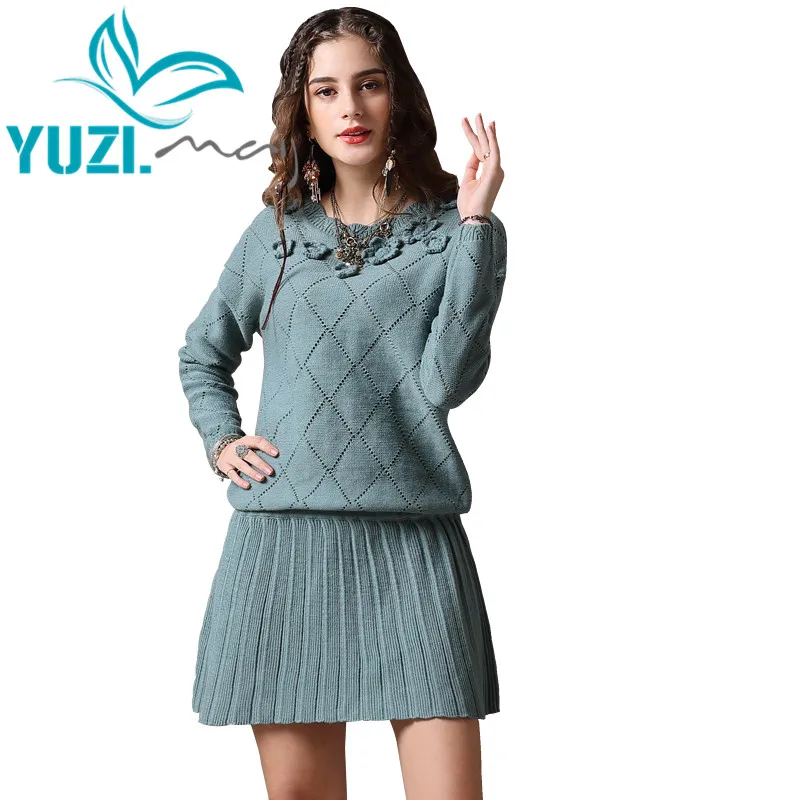 Dress Female  2018 Yuzi.may Boho New Cotton Wool Dresses Female O-Neck Long Sleeve A-line Vintage Sweater Dress A82166 Vestidos