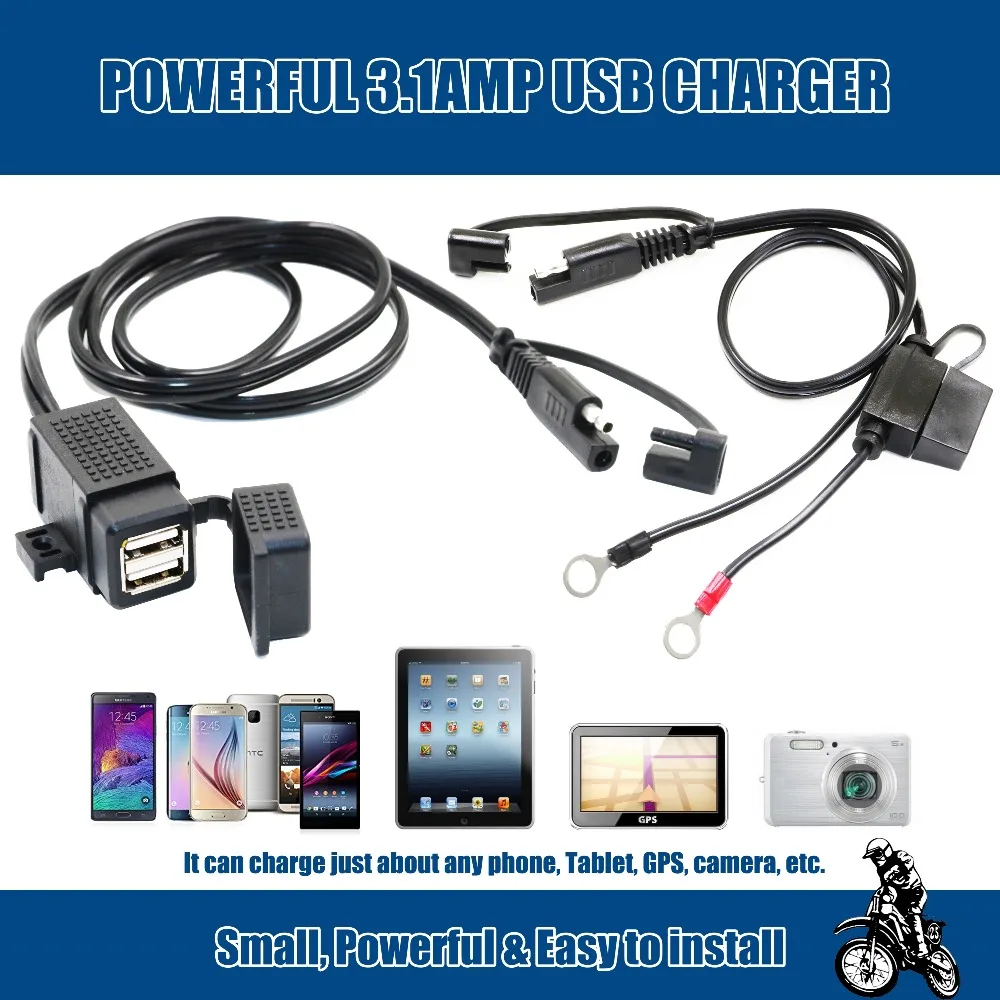 MOTOPOWER MP0609EA 3.1Amp Waterproof Motorcycle Dual USB Charger Kit SAE to USB Adapter PLUS with SAE to Ring Terminal Harness