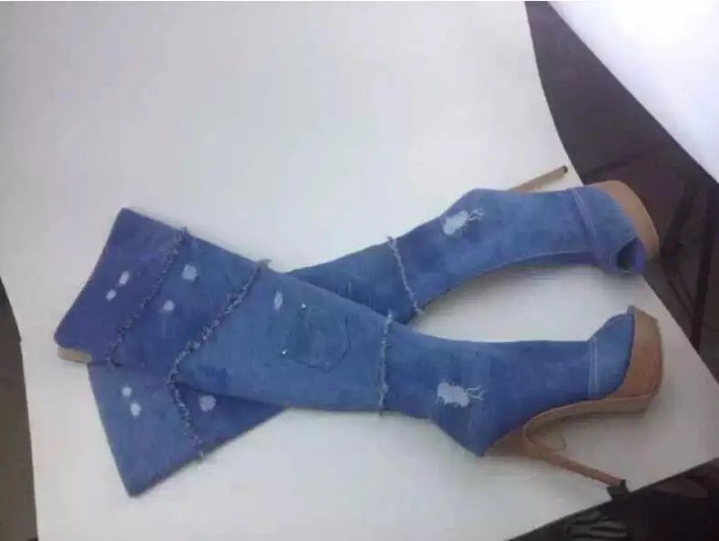 Woman Platform Wedge Boots Denim Blue Lace Flower Knee High Boots Sexy Open Toe Cutouts Sandal Boots Summer High Heel Boots