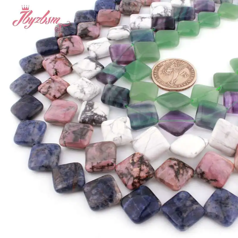 15mm Natural Fluorite Quartz Rhodonite Agates Square Rhombus Stone Beads For DIY Necklace Jewelry Making Loose 15