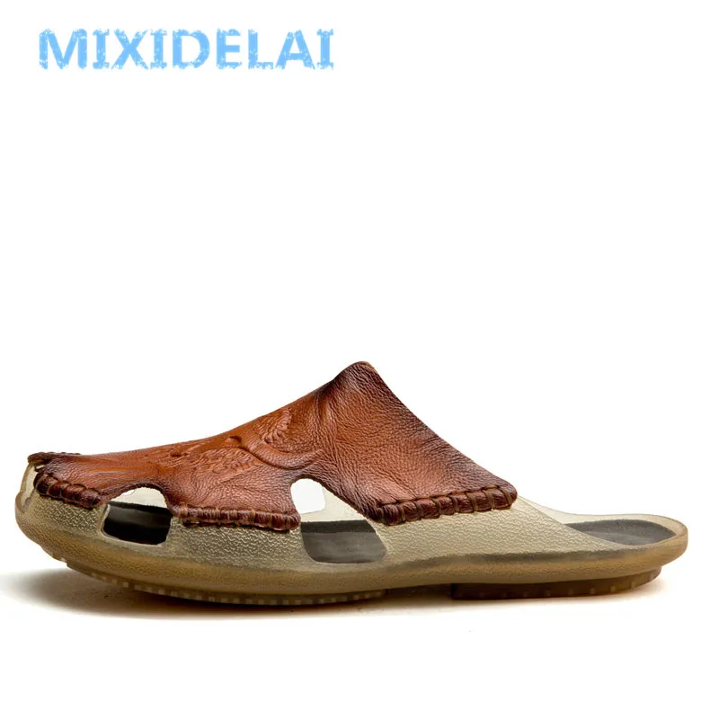 MIXIDELAI New Quality Leather Non-Slip Slippers Men Beach Sandals Comfortable Summer Shoes Men Slippers Classics Men Flip Flops