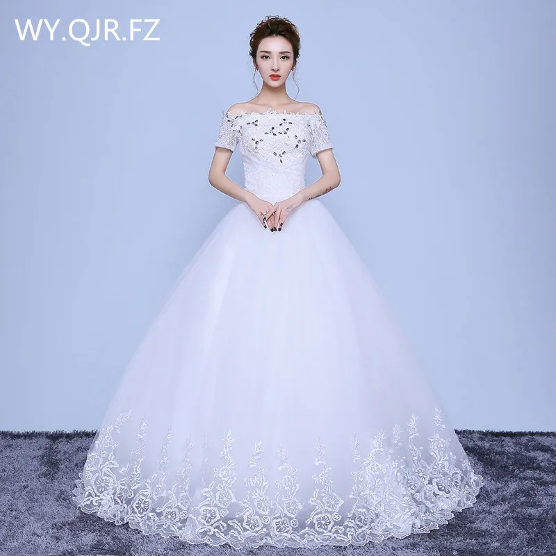 XXN-041#Off Shoulder Artificial Crystal Adorn Lace Free Plus Size Wedding Dress Embroidered Lace Net New Bride Married Dresses