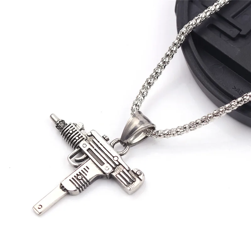 Charm Pistol UZI Gun Shaped Pendant Punk Tommy Gun Army Style Male Chain Necklace For Men corrente masculina Jewelry Gifts