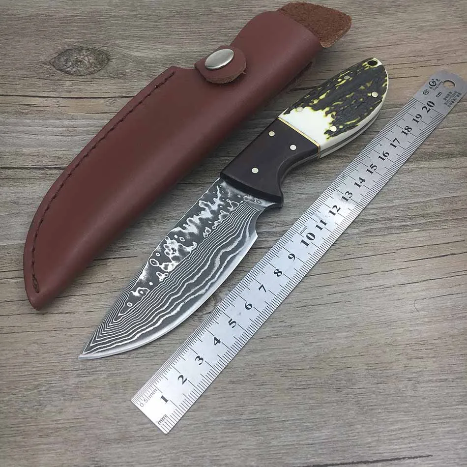 Handmade Forged Damascus Steel Hunting Knife Fixed Blade Rosewood Antler Handle With Cowhide Leather Cover