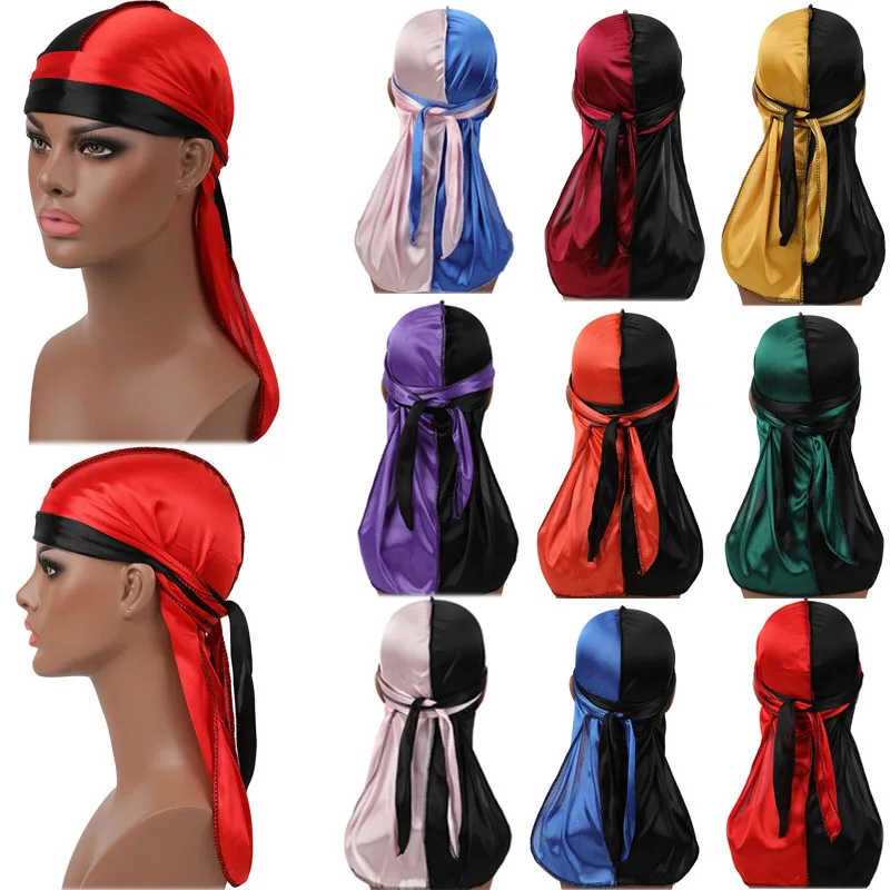 New Patchwork Men\'s Durags Hip Hop Bandana Pirate Cap Du Doo Rag Silky Durag Headbands Headwear Long Tail Women Hair Accessories