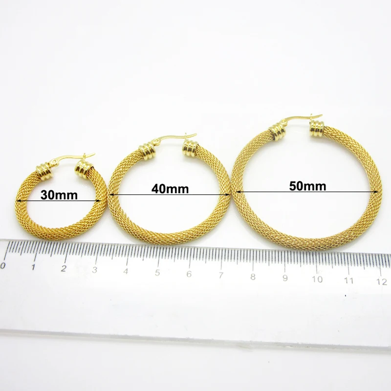 3 Size Gold Colour Women Gift Sale Fashion Jewelry Stainless Steel Mesh Wives Round Fancy Hoop Earrings