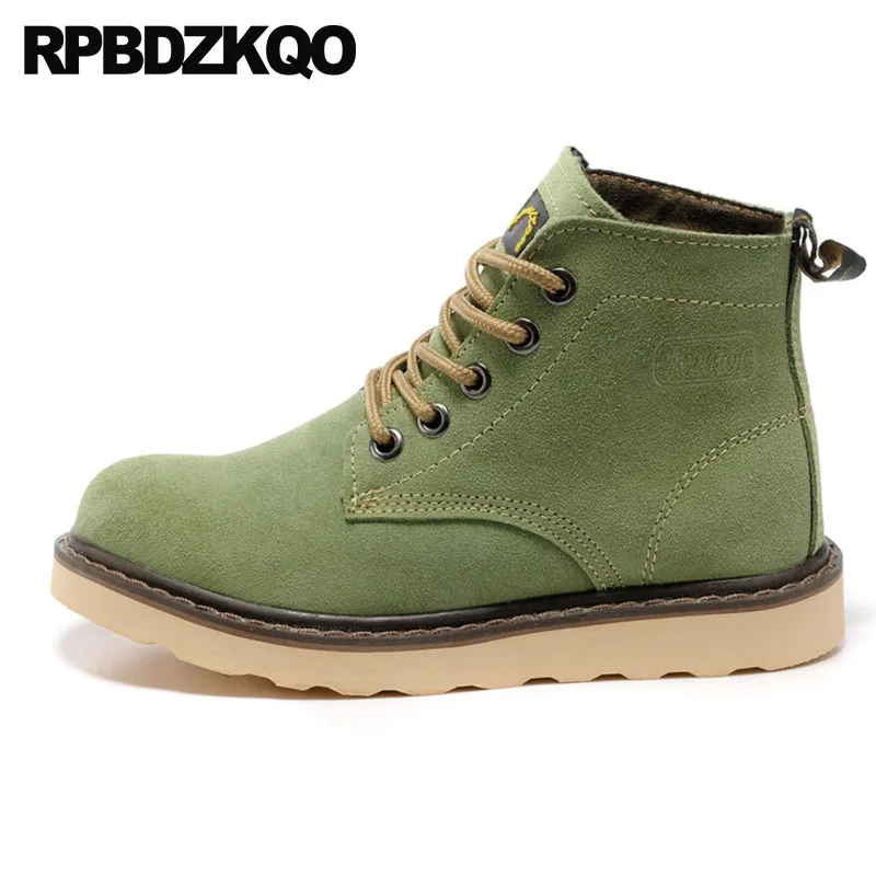 Fall Flat Suede Winter Men Boots With Fur Lined Booties Green Lace Up Ankle Designer Combat Real Genuine Leather Creepers Shoes