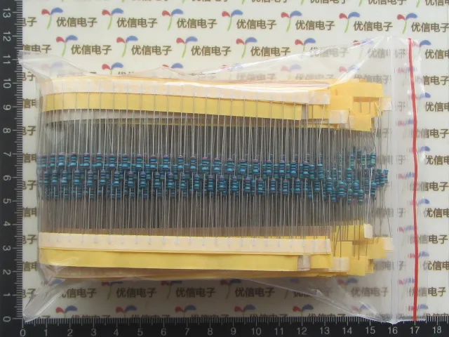 1250pcs/lot 1/4W 1R-1M DIP Colored ring 1/4W Resistor kit  1R-1M 25value*50pc 1% Metal Film Resistor pack