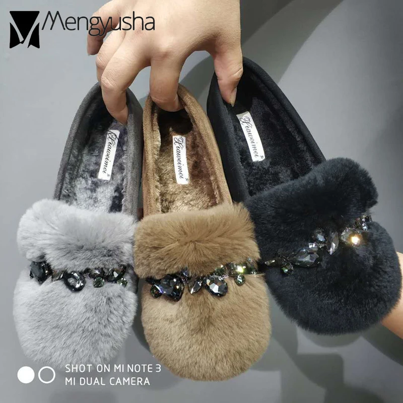 Glitter Rhinestone chain flat loafers winter plush cotton shoes women large size warm fur moccasins shallow slip-on espadrilles