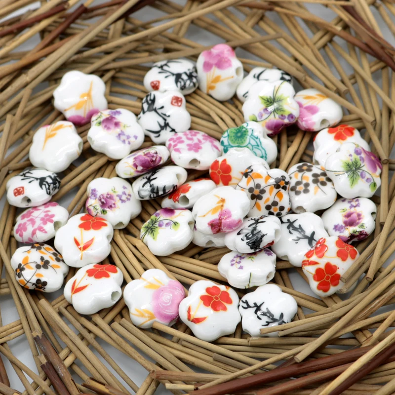 10pcs/lot 15mm Ceramic Beads Flower Porcelain DIY Beads Handmade Jewelry Making Accessories Straight Hole Spacer Beads Wholesale