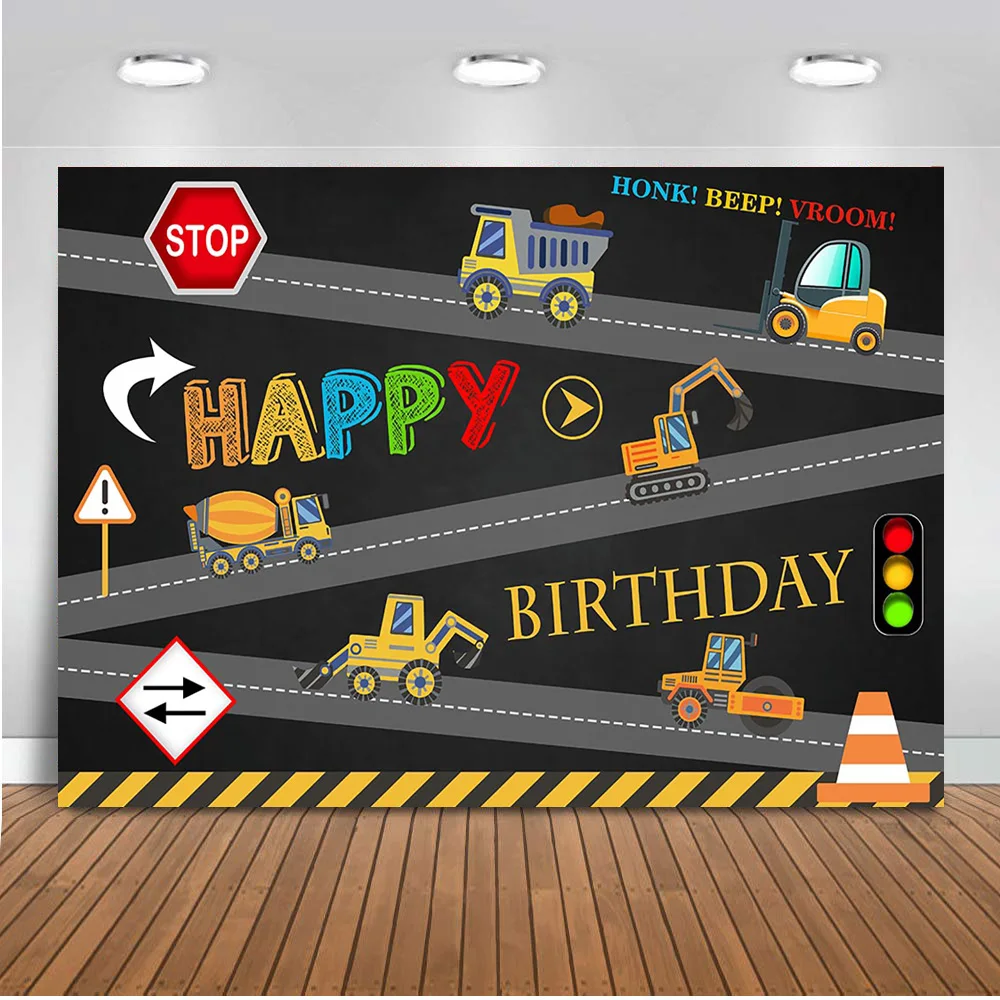  Construction Photography Backdrop 7x5ft Birthday Party Banner Background Dump Truck Digger Excavator Boy Kids Party Prop